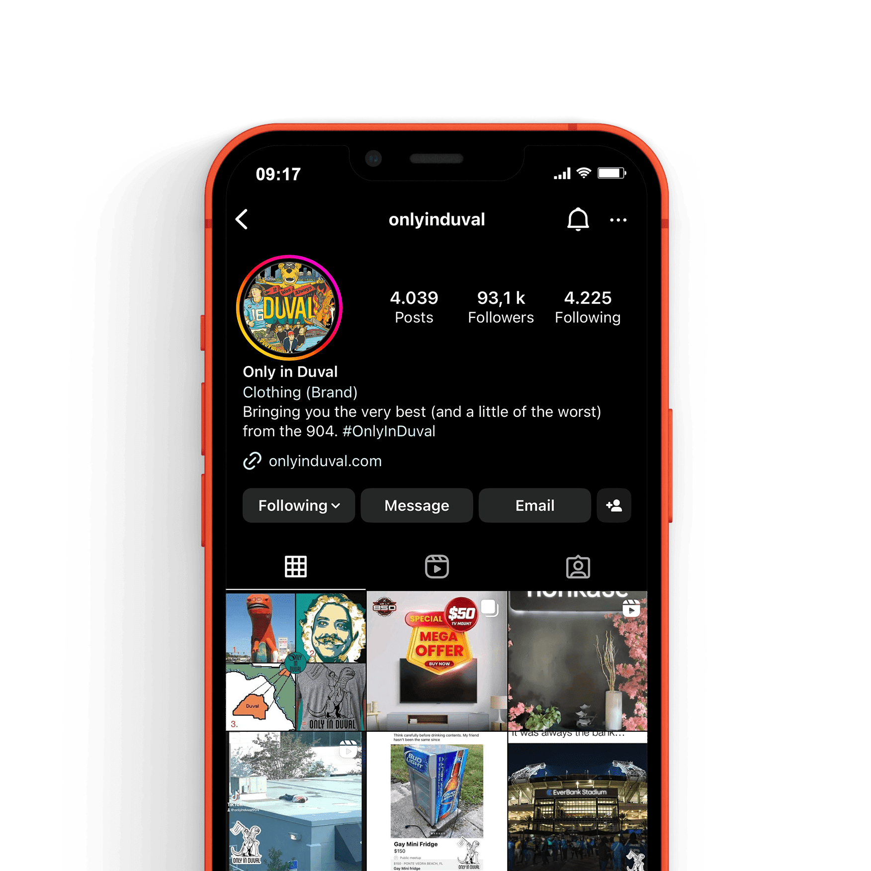 iPhone 13 mockup displaying Jacksonville social media marketing content on screen, set against a plain background.