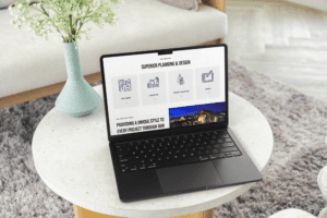 design firm digital presence - Modern office interior with sleek furniture and large windows, showcasing a design firm's digi