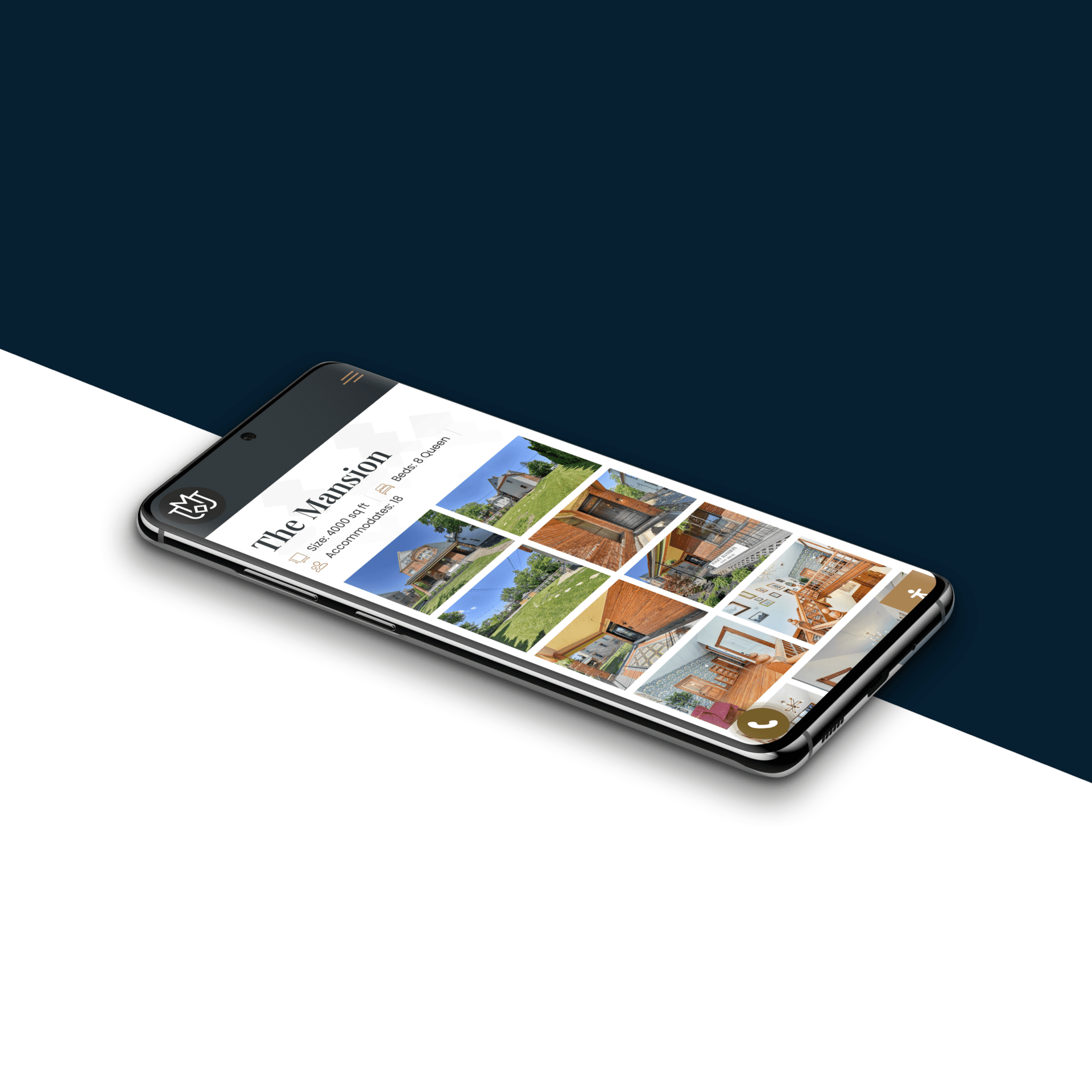 Samsung Galaxy phone displaying a historic mansion website, showcasing elegant architecture and detailed design elements.