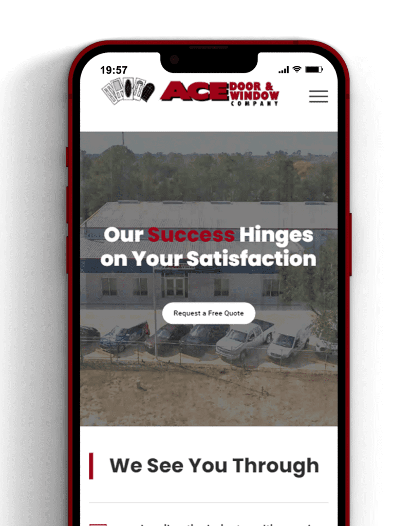 door window web design - Mockup of a web design for Ace Door displayed on an iPhone, featuring a door and window interface.