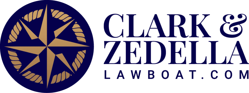 Clark Zedella logo featuring maritime law branding with stylized initials 'CZ' in blue and white on a transparent background.