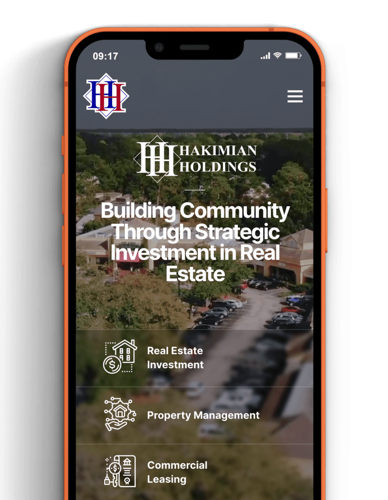 iPhone 13 displaying a real estate portfolio design with a sleek interface, showcasing property listings and details.