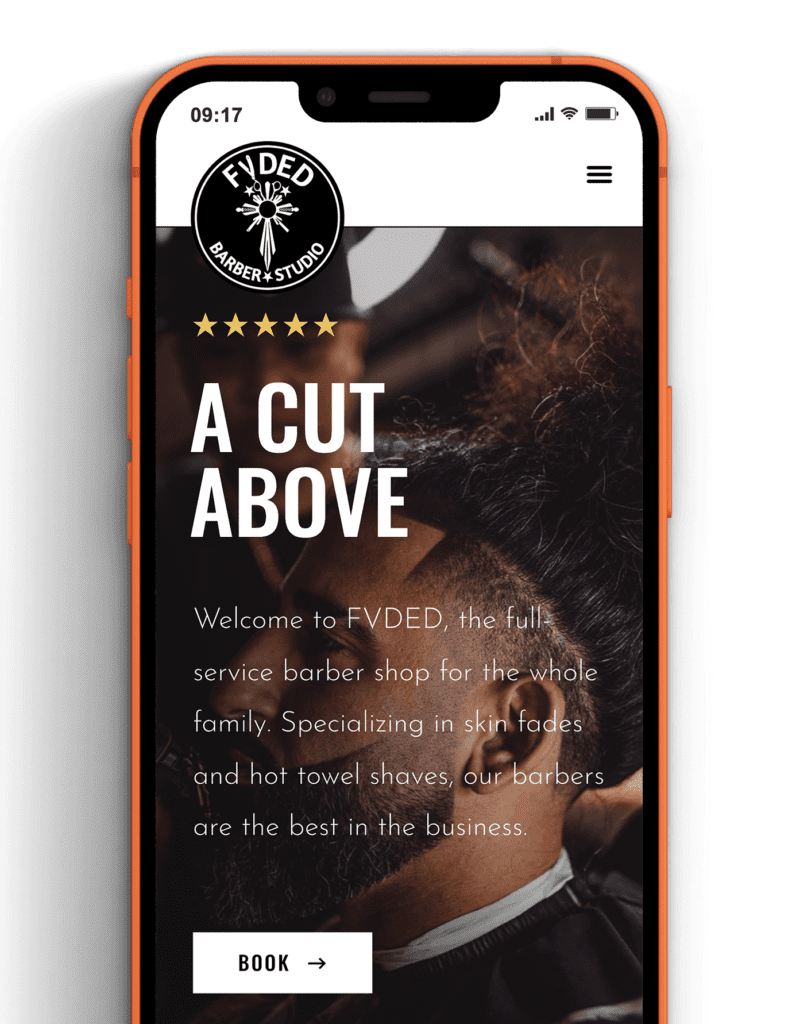 iPhone 13 displaying a barber studio web design, showcasing a sleek, modern interface with a focus on user experience.
