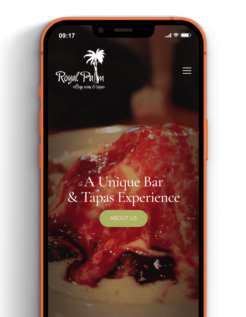 iPhone 13 displaying the Royal Palm Wines virtual tour, showcasing a sleek design with a vibrant screen.