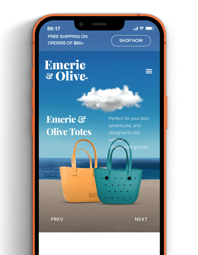 iPhone 13 mockup displaying a design related to sustainable beach bags on a neutral background.