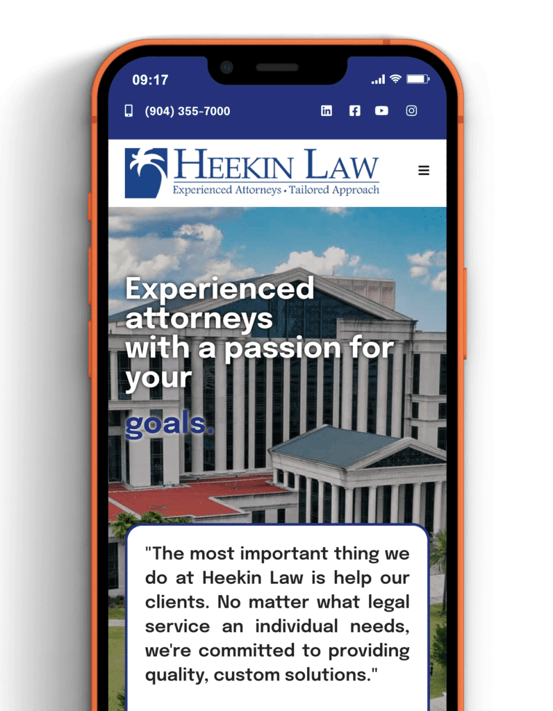 iPhone 13 displaying a law firm website design with a clean, professional layout, featuring navigation menu and contact info.