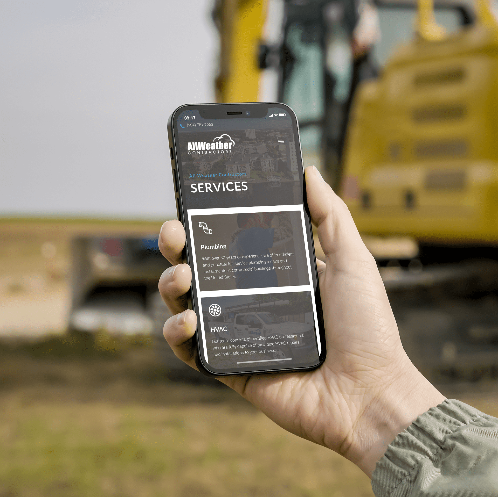 iPhone mockup displaying a Florida construction web design with construction scenes in the background.