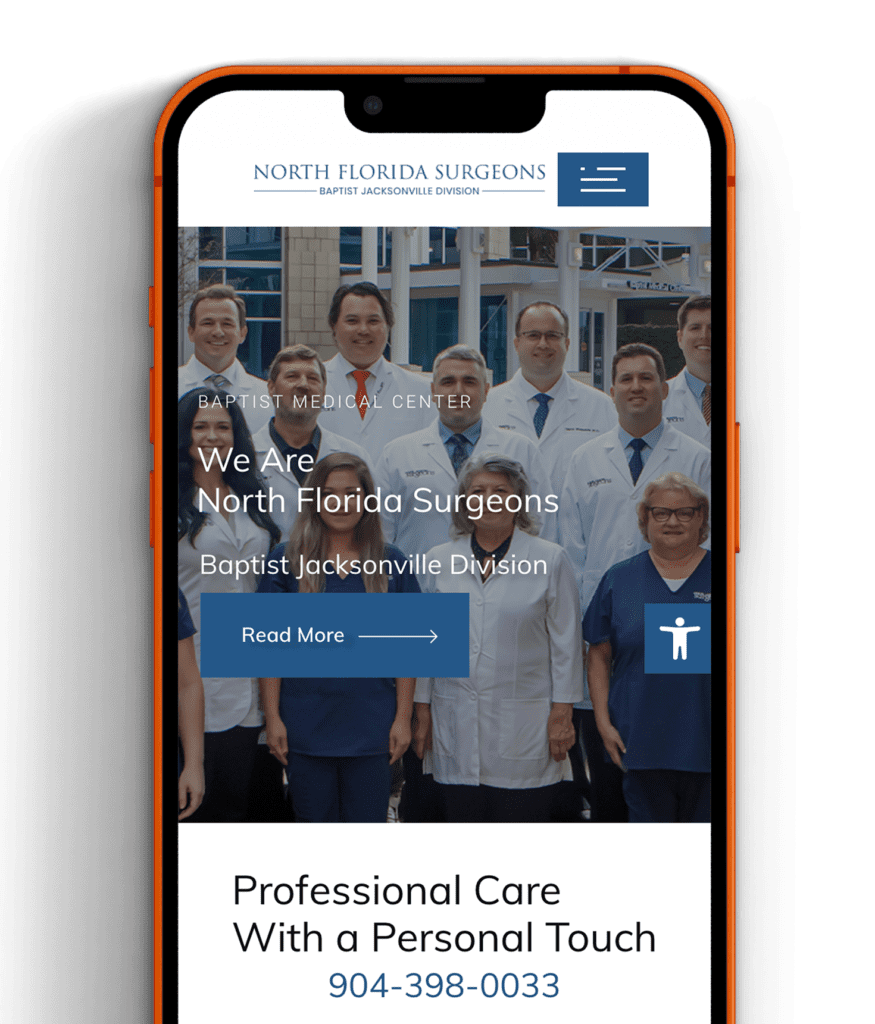 north florida surgeons web design - Mockup of a mobile web design for North Florida Surgeons on an iPhone screen, showcasing