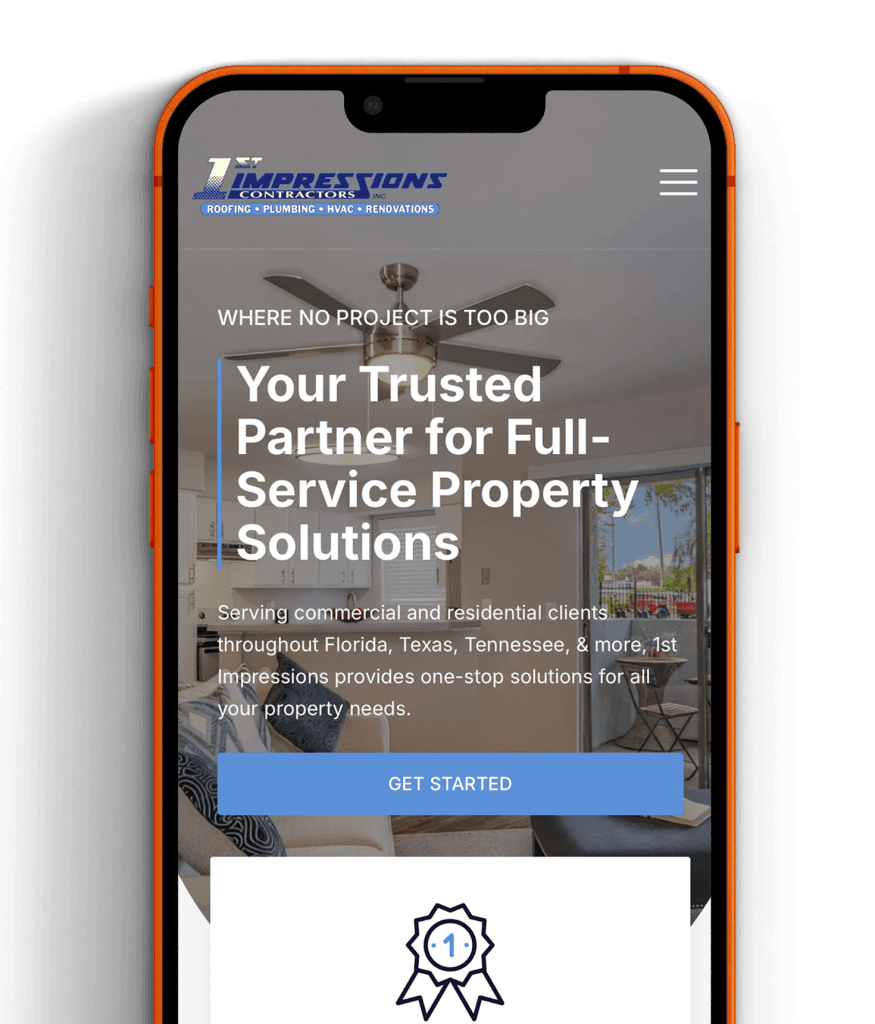 plumbing hvac web design - iPhone displaying 1st Impressions Contractors web design with plumbing and HVAC elements, showcasi