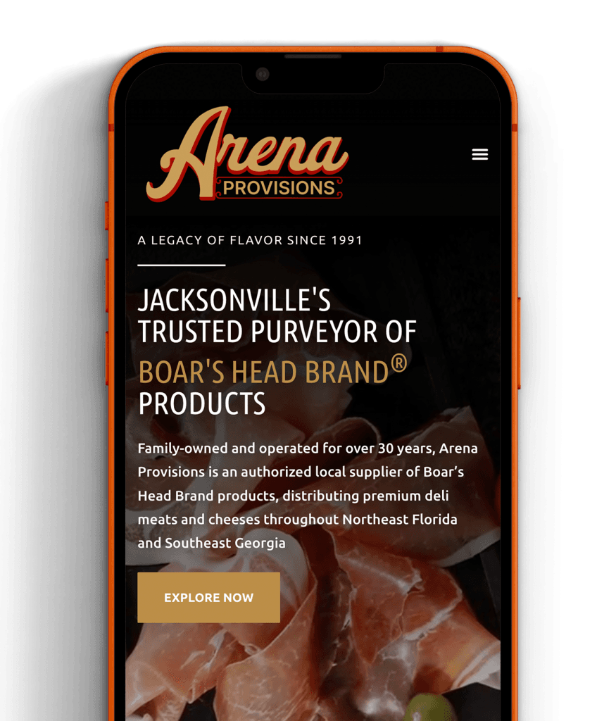 iPhone displaying Arena Provisions web design, showcasing a sleek, modern interface with vibrant colors and intuitive layout.