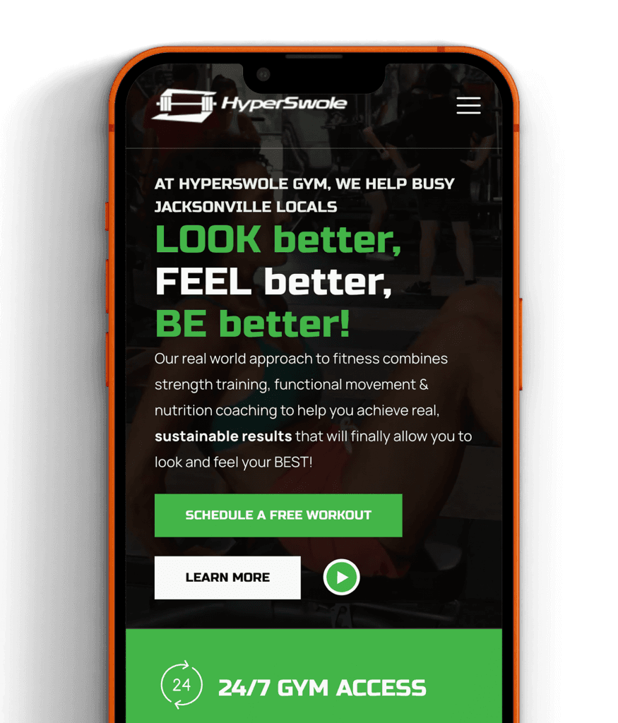 HyperSwole iPhone mockup showcasing a sleek app interface, relevant to jacksonville gym web development.