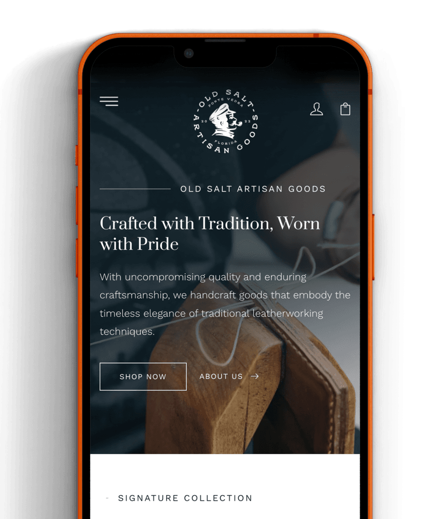 Mockup of a leather goods website design featuring a clean layout with product images and navigation menu on a desktop screen