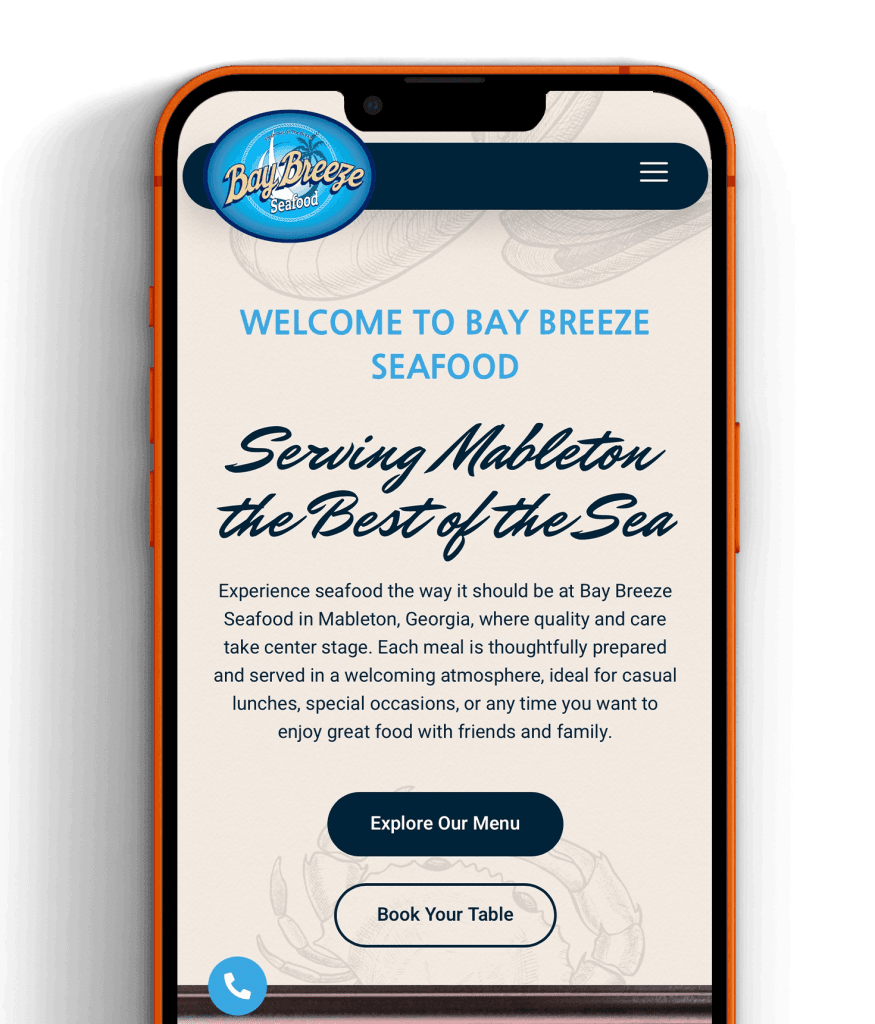 Bay Breeze Seafood website design showcasing a modern, user-friendly layout with vibrant colors and seafood imagery.