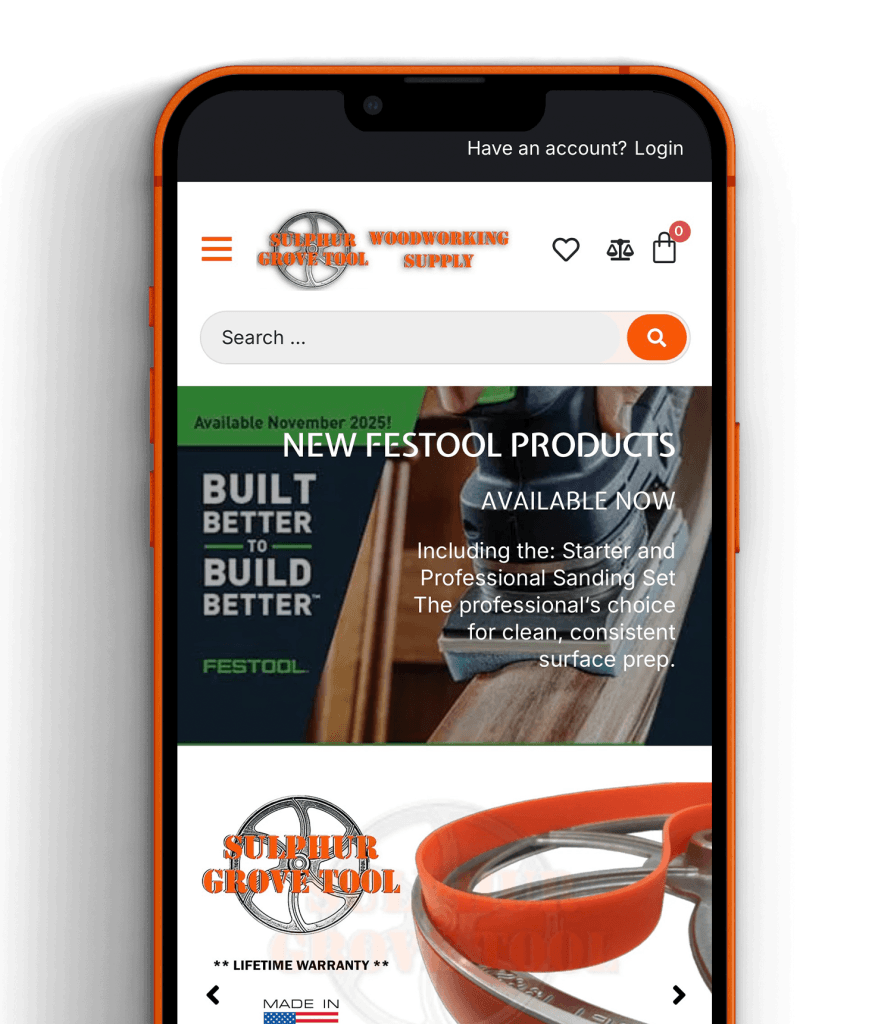 Sulphur Grove Tool website design concept with layout elements and branding details.