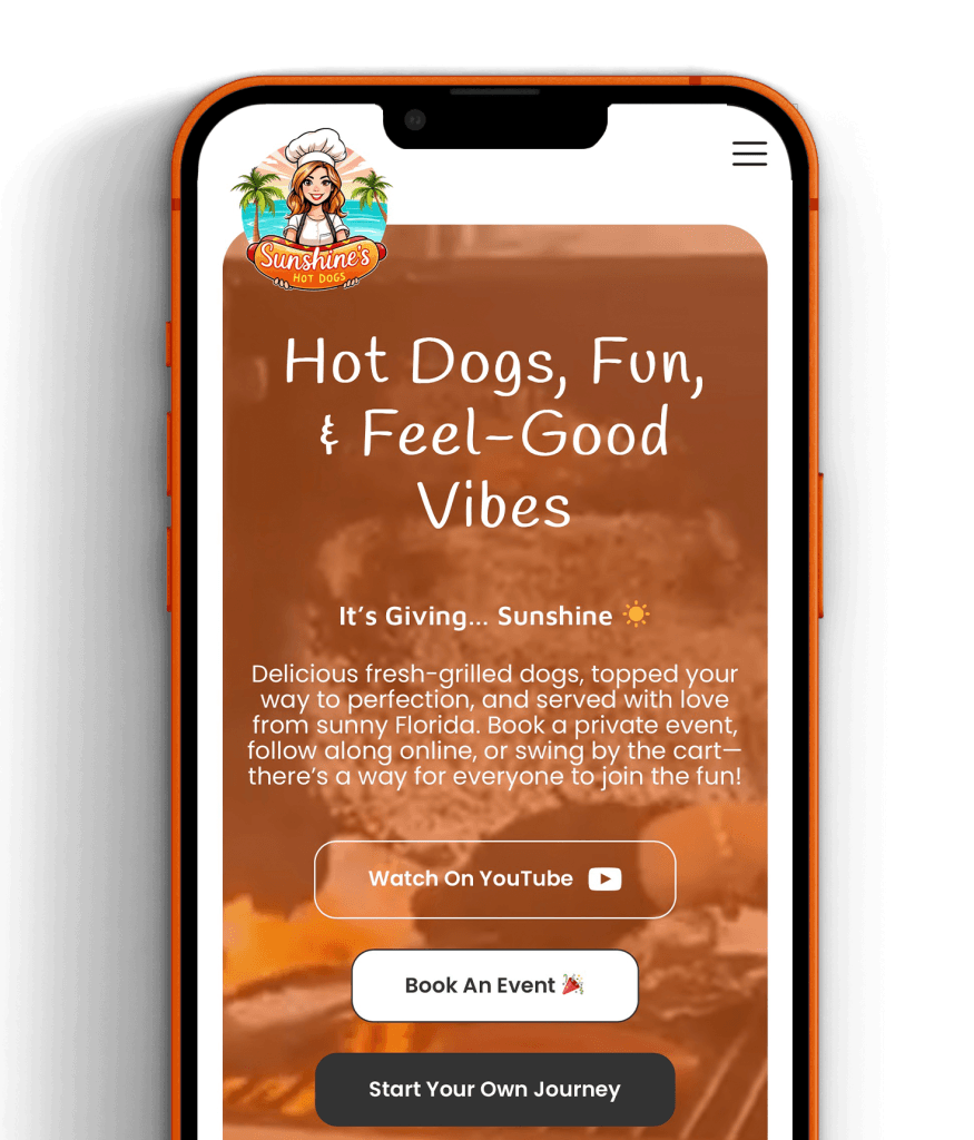 Sunshine's Hotdogs website design with playful graphics and vibrant colors.