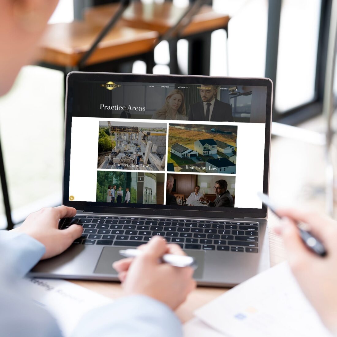 A modern law firm office with sleek design elements, illustrating concepts of law firm web development through architectural