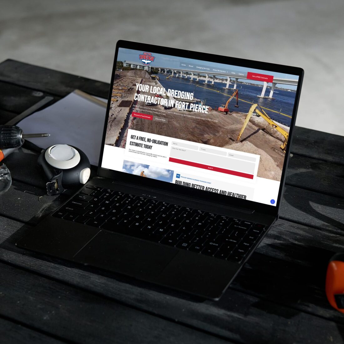 Graphic design featuring elements related to mechanical dredging website design Florida, with abstract shapes and text.