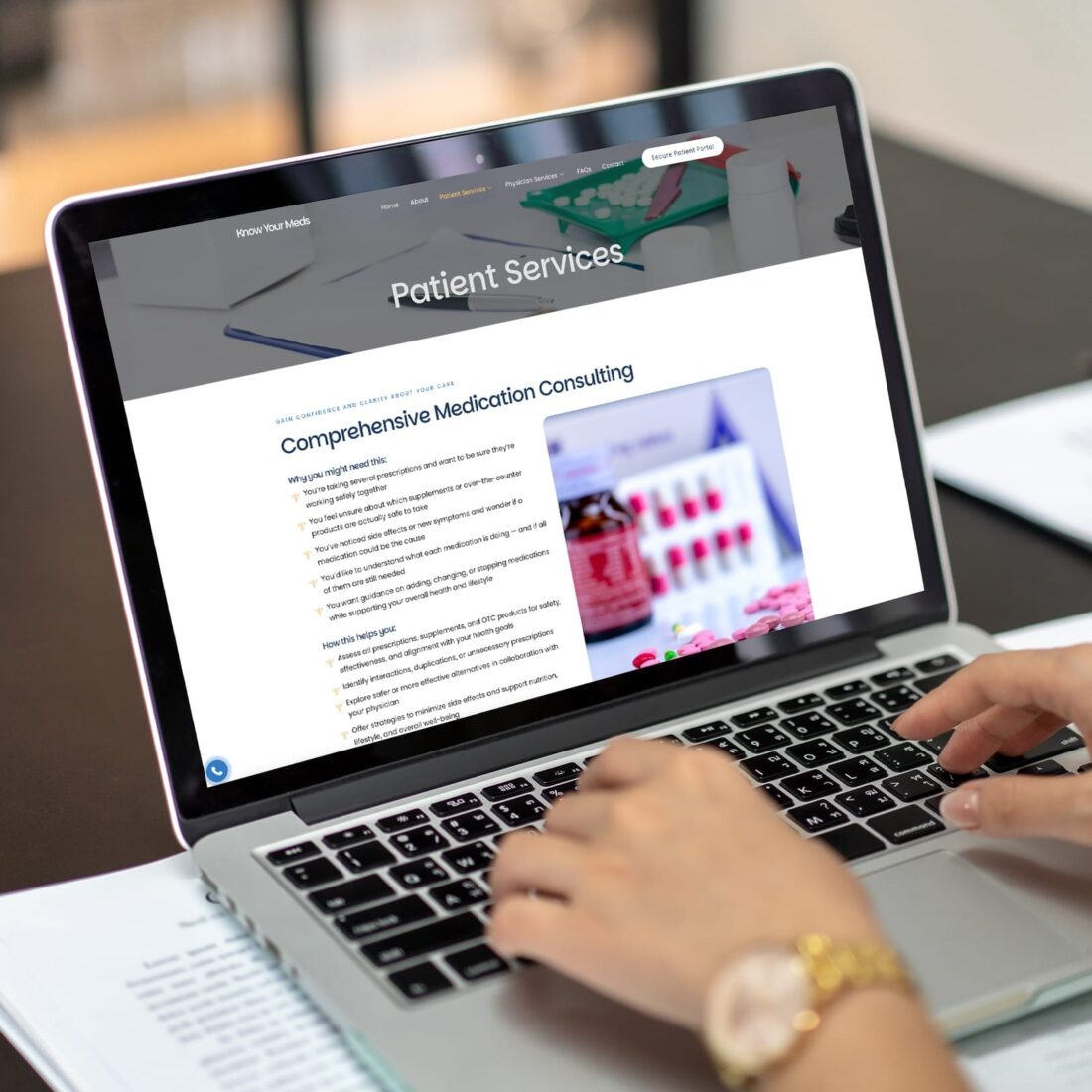 Medication management web design concept with user interface elements and navigation features displayed.