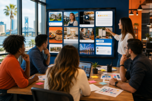 News 16 Business team planning adaptable social media marketing campaigns on a digital content board