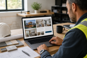 News 15 Contractor reviewing a construction website project gallery and quote-request path